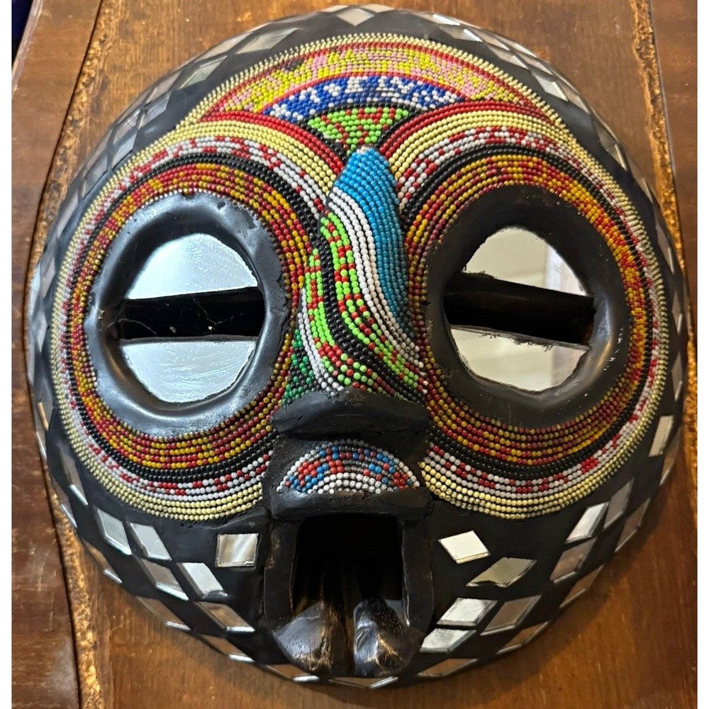 Vintage Tribal Wood Mask Large Carved Beadwork Mirror Inlay Black Silver 15 in